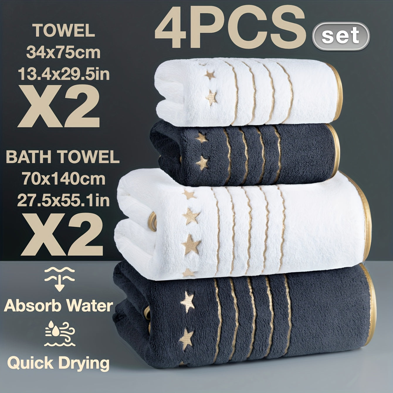 Set of four towels with star patterns on a gray background, including information about size and features.