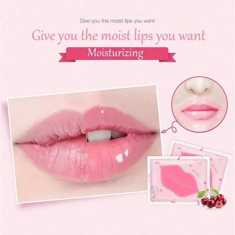 Lip moisturizing product with close-up of lips and packaging on a pink background