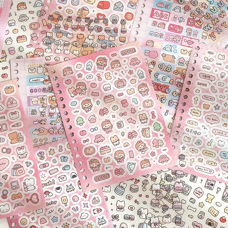 Collection of colorful sticker sheets with various designs on a pink background