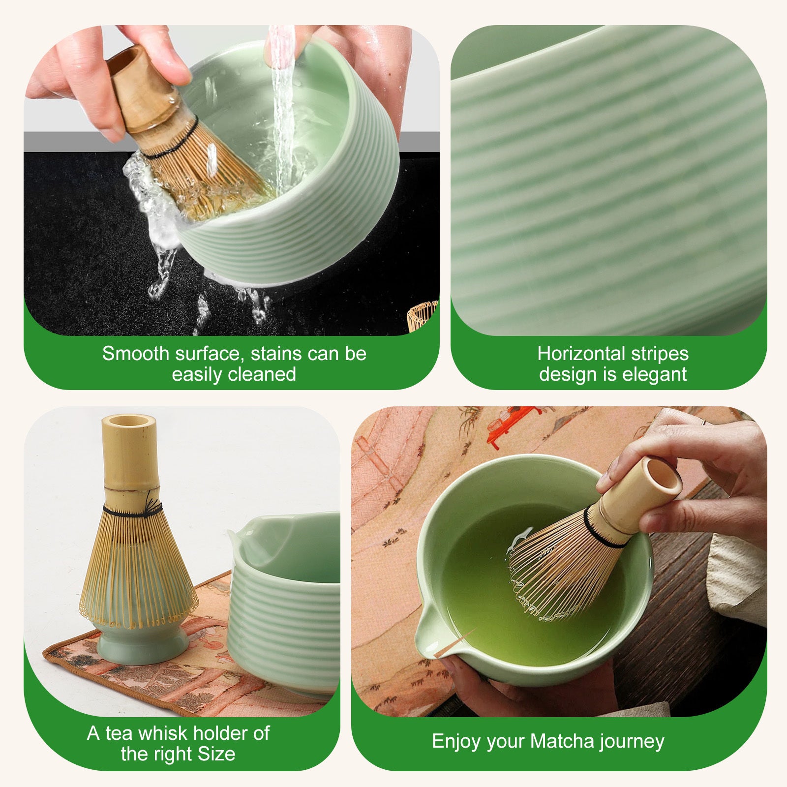 Green ceramic bowl with a tea whisk, shown with text describing features and usage.