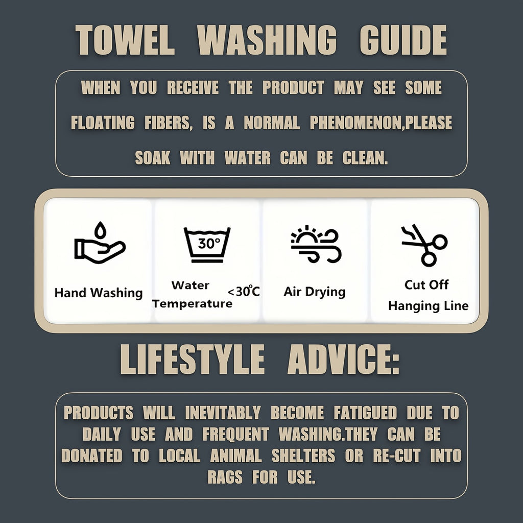 Towel washing guide with icons and text on a dark background