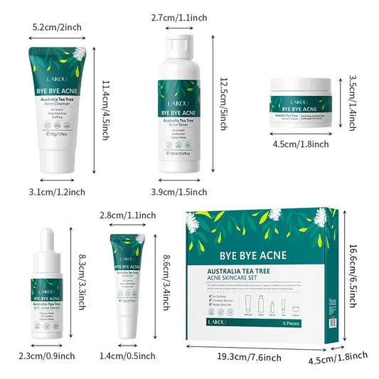 L'ARCK Bye Bye Acne Australia Tea Tree skincare set with dimensions labeled