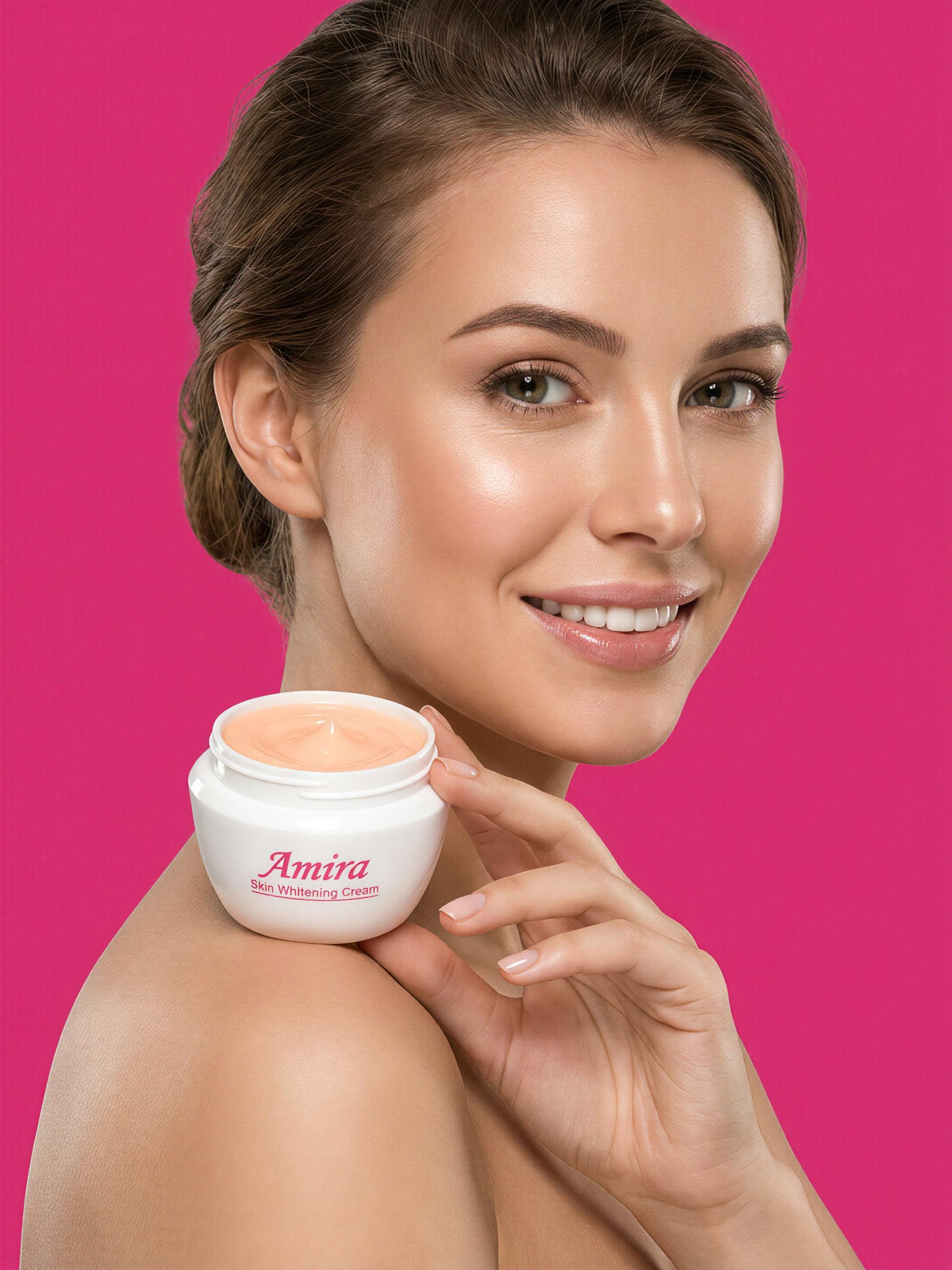 Woman holding a jar of Amira cream against a pink background