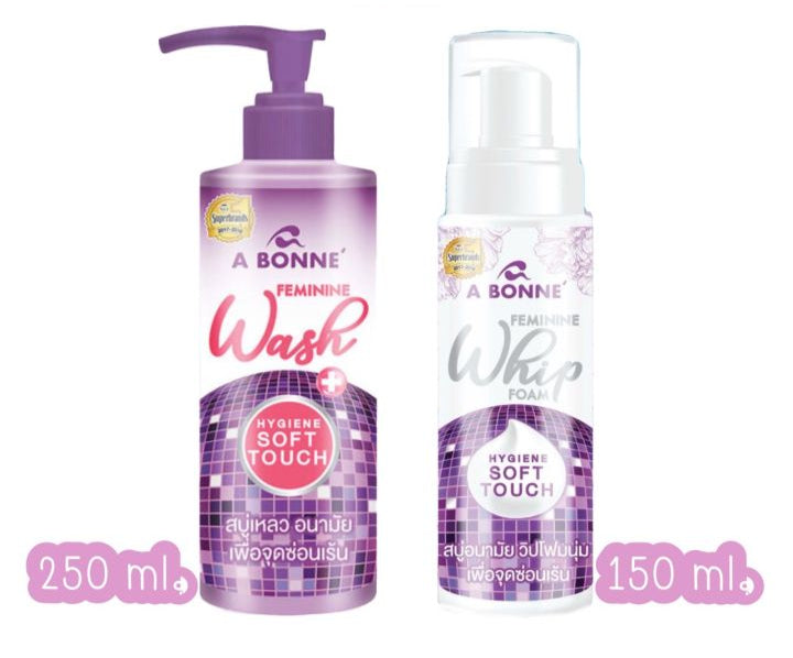 Two bottles of A Bonne Feminine Wash and Whip on a white background