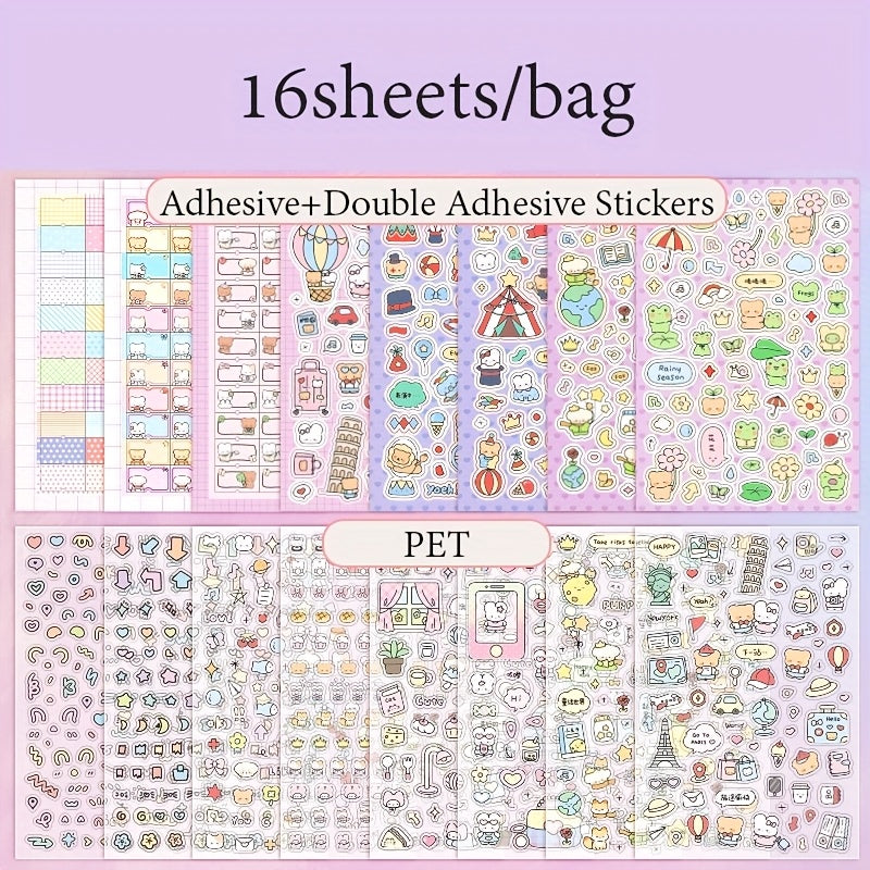 Sticker sheets with various designs on a purple background, labeled '16sheets/bag' and 'Adhesive+Double Adhesive Stickers'.
