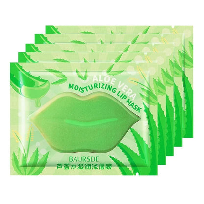 Five green aloe vera lip mask packages with visible branding on a white background