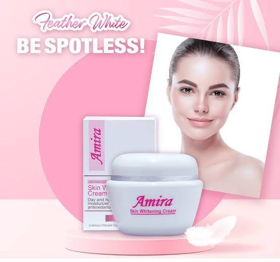 Amira skin whitening cream for hyperpigmentation melasma uneven skin tone darks spots acne marks with a model on a pink background