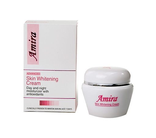 Amira skin whitening cream for hyperpigmentation melasma uneven skin tone darks spots acne marks  jar and box on a white background