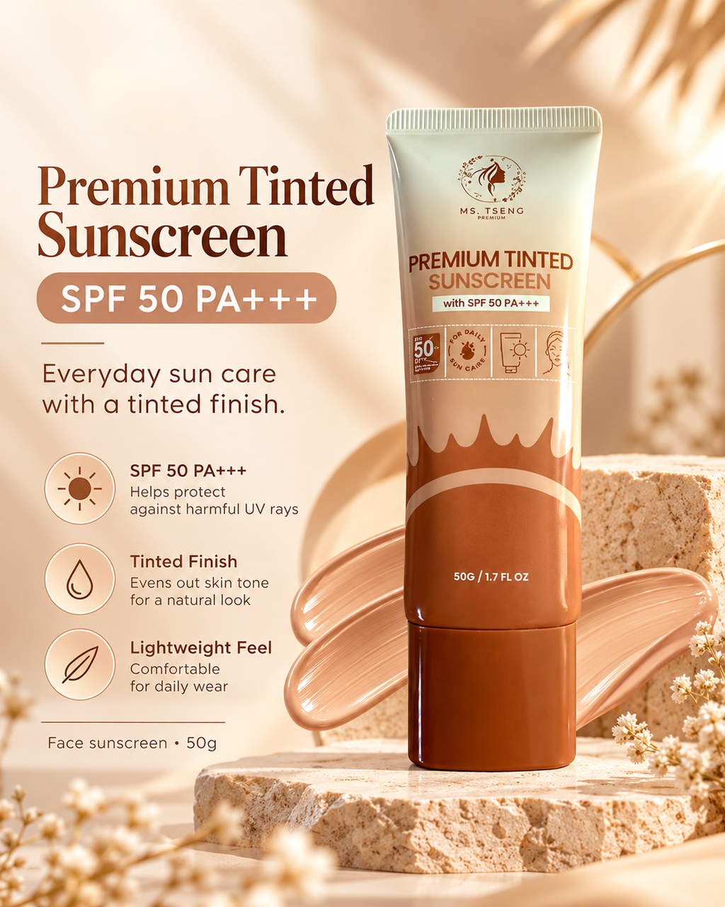 Ms Tsung Essentials Tinted Sunscreen SPF50 PA+++ – Lightweight Face Sunscreen with Niacinamide & Centella