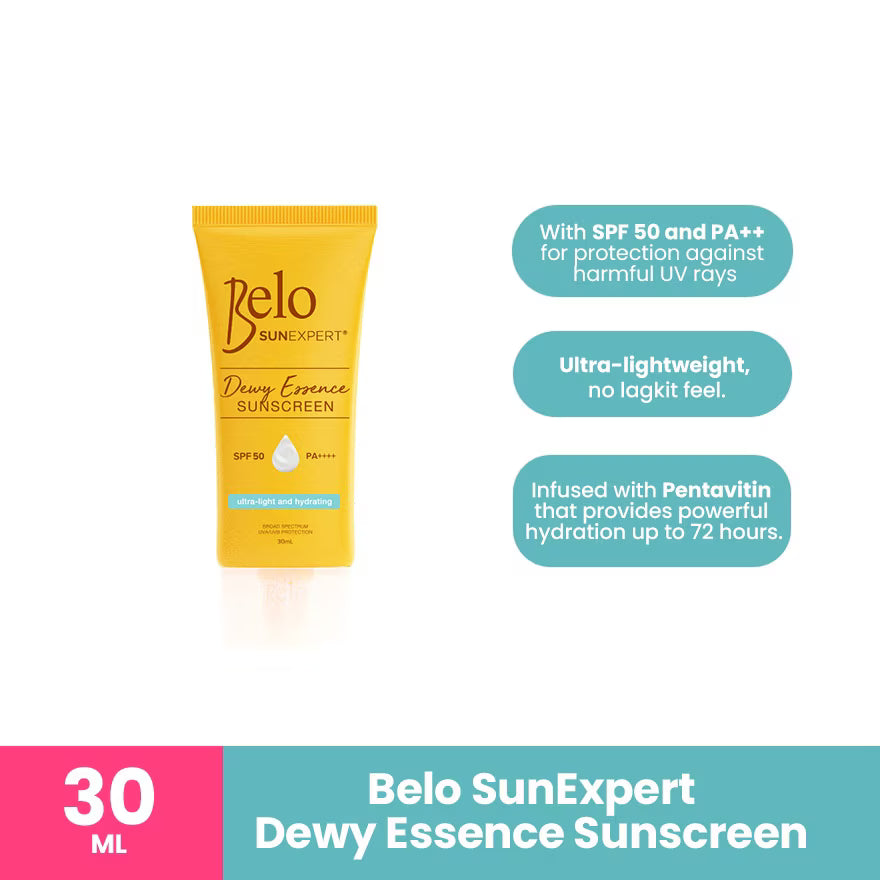 Belo SunExpert Dewy Essence Sunscreen tube with product features on a white background
