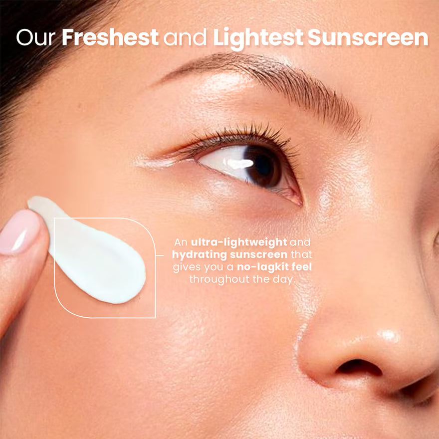 Close-up of a person applying sunscreen to their face with text highlighting freshness and lightness.