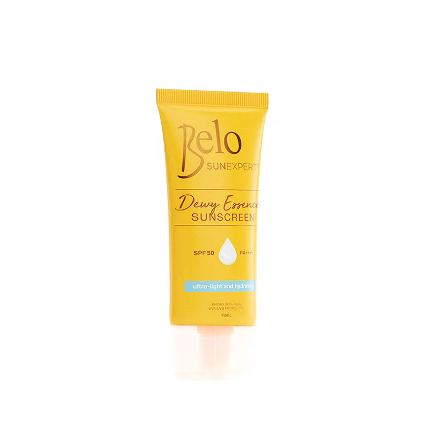 Yellow sunscreen tube with 'Belo' branding on a white background