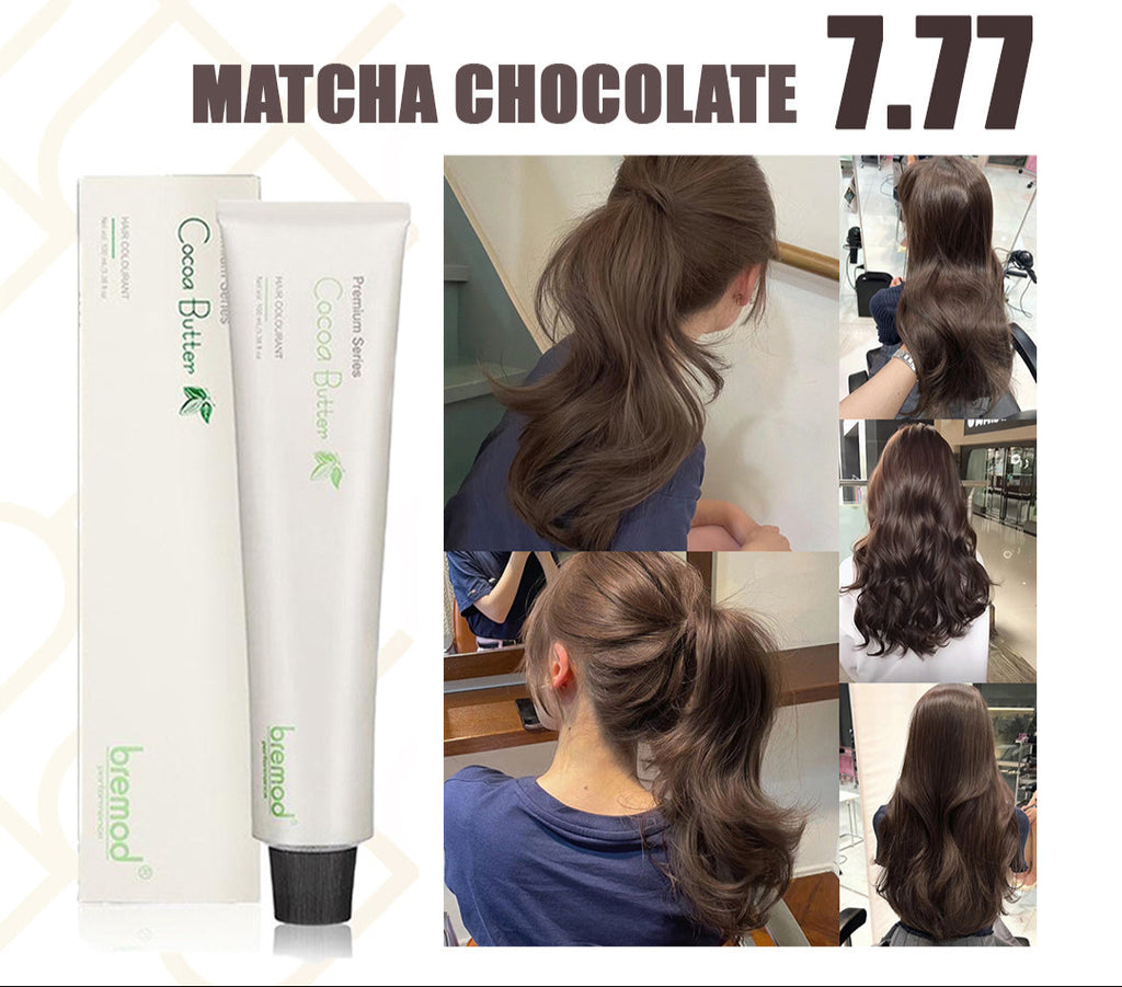 Hair product with 'Matcha Chocolate' color swatch and before-and-after images of hair color.