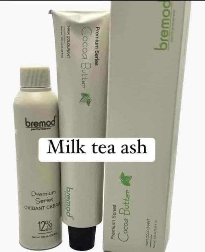 Bremod hair care products including a bottle and two tubes on a white background with 'Milk tea ash' text.