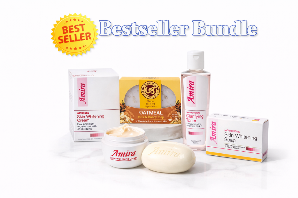 Amira skincare products including cream, soap, and lotion on a white background with 'Best Seller' label.