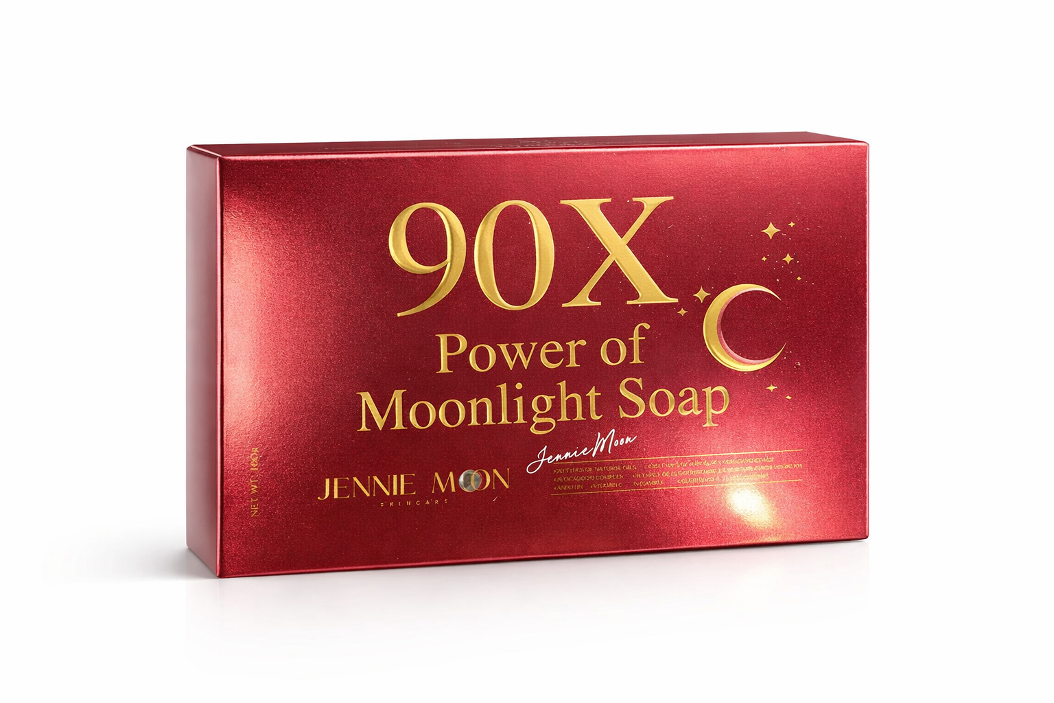 Red box of '90X Power of Moonlight Soap' by Jennie Moon on a white background