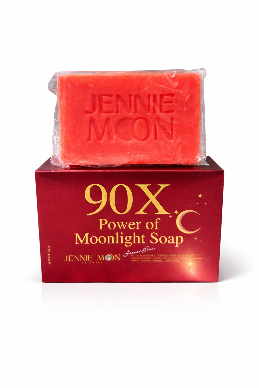 Red soap bar with 'Jennie Moon' branding on a red box labeled '90X Power of Moonlight Soap'.
