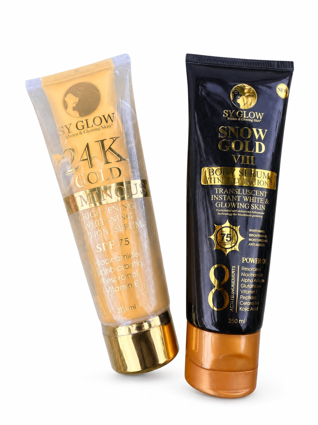 Two cosmetic tubes from ST GLOW on a white background: a translucent gold tube labeled 24K Gold Pimping and a black tube labeled Snow Gold VIII Housekeeping Instant Whitening Skin.