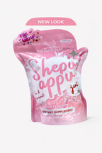 Shepappu dietary supplement package with pink and white design on a white background