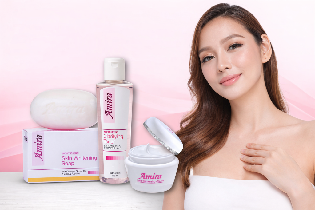 Woman with skincare products including a soap, toner, and cream on a pink background
