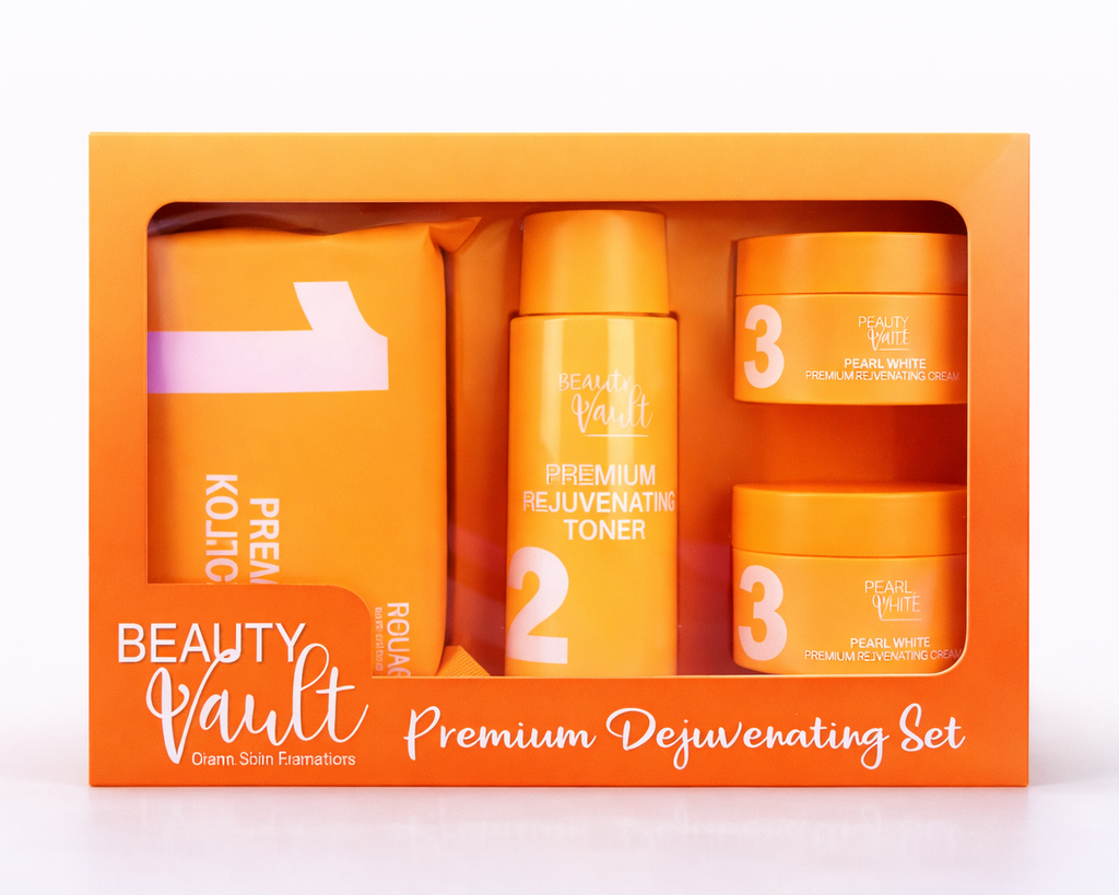 Orange beauty product set with bottles labeled 1, 2, and 3 on a white background