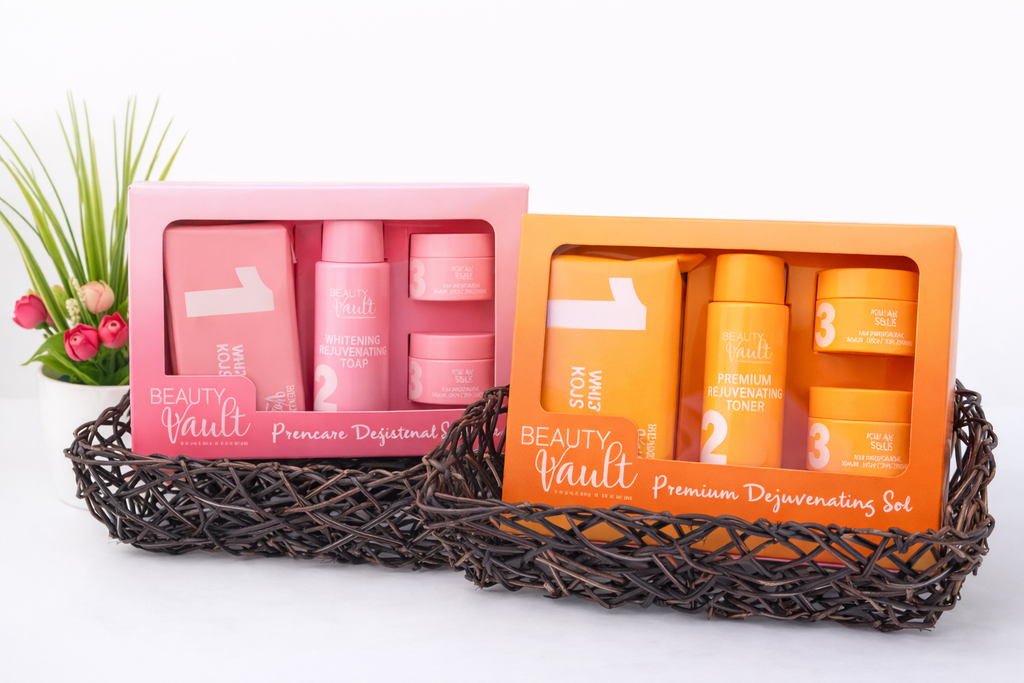 Two sets of skincare products in pink and orange packaging on a white background with a decorative plant.