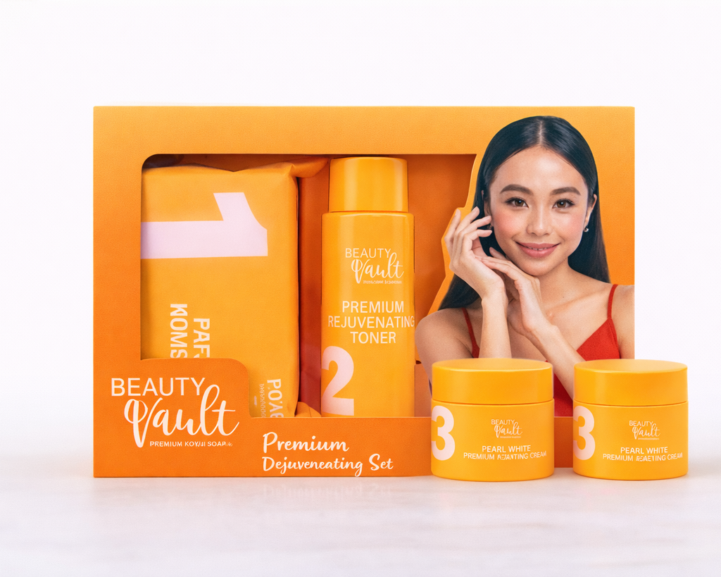 Beauty Vault skincare set with products and packaging on a white background