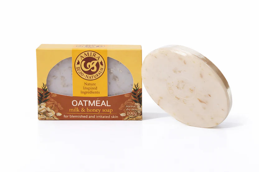 Oatmeal milk and honey soap with packaging on a white background