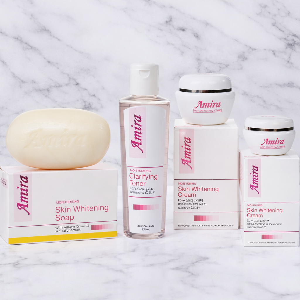 Amrita skincare products including soap, toner, cream, and cleanser on a marble background