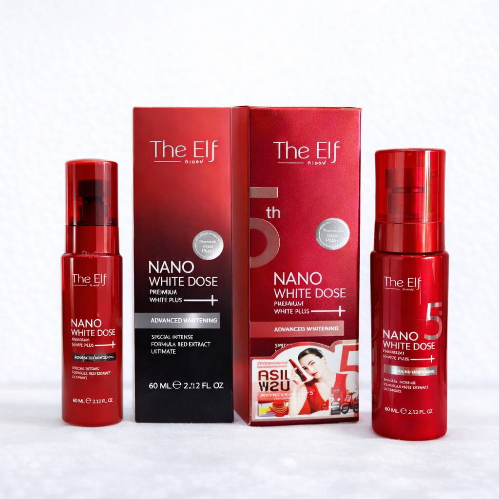 Red and black cosmetic products with 'The Elf' branding on a white background
