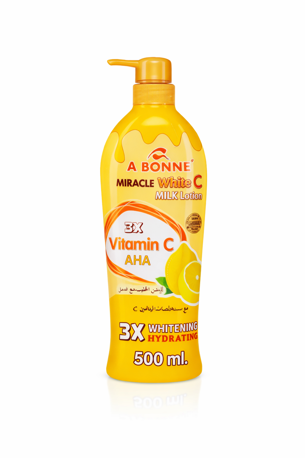 A bottle of A Bonne Miracle White C Milk Lotion with Vitamin C on a white background
