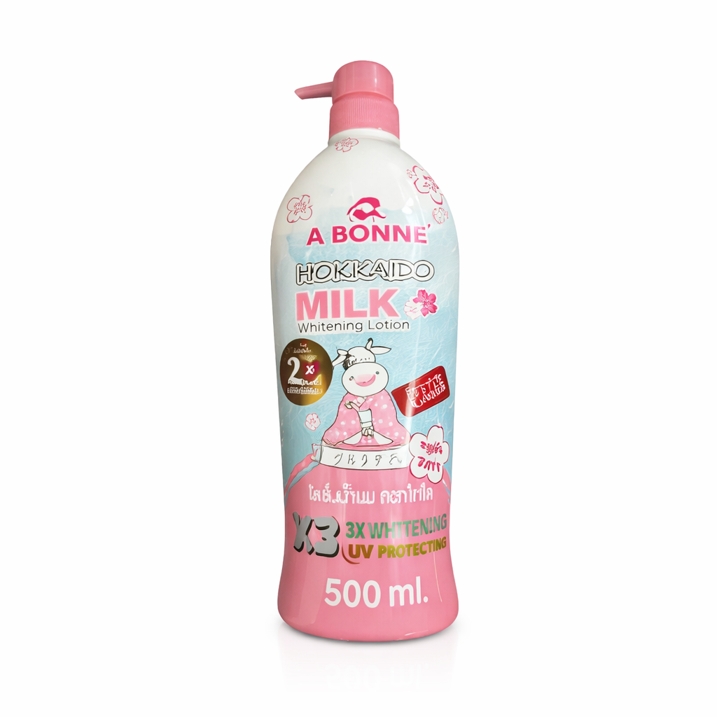 A bottle of A Bonne Hokkaido Milk Whitening Lotion on a white background