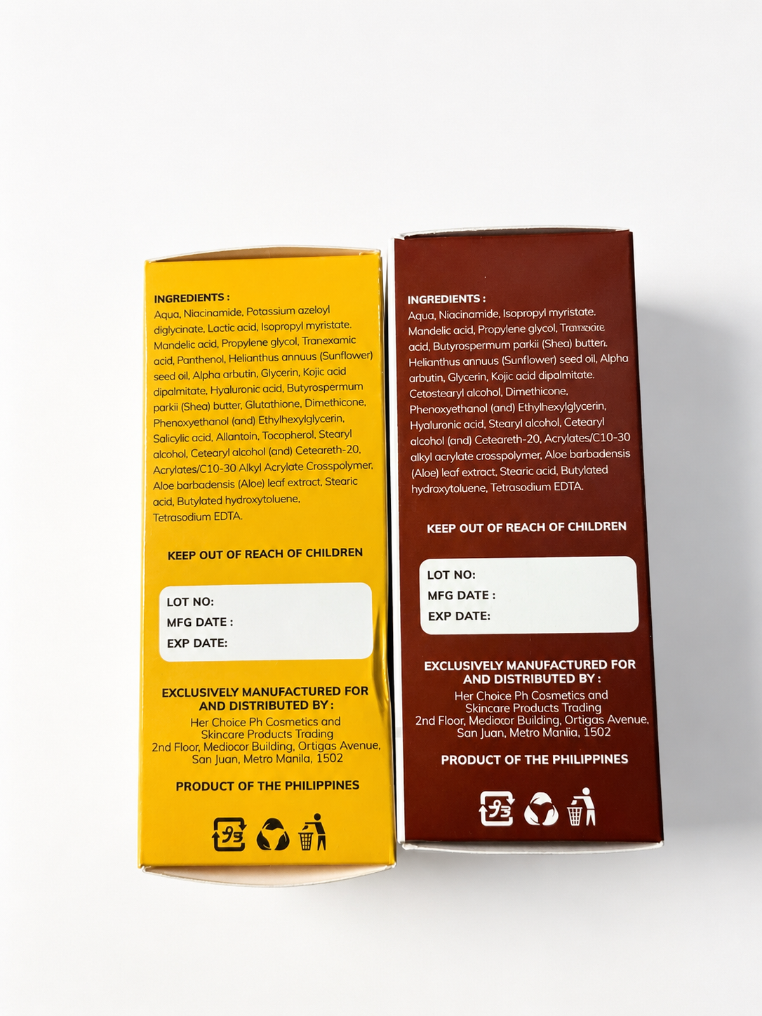 Her Choice PH Renewal and Intimate Serum packaging with ingredient information