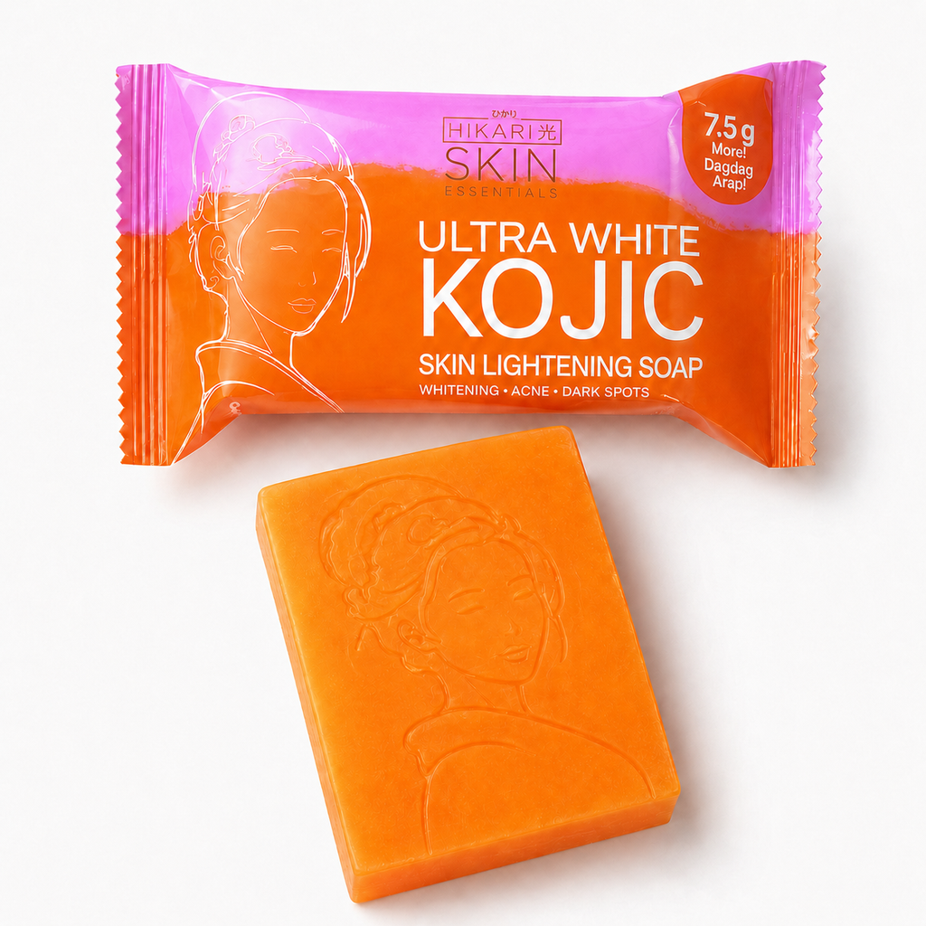 Hikari Skin Kojic Acid Brightening Soap bar from Hikari Skin Essentials, displaying the white soap with branding and packaging.