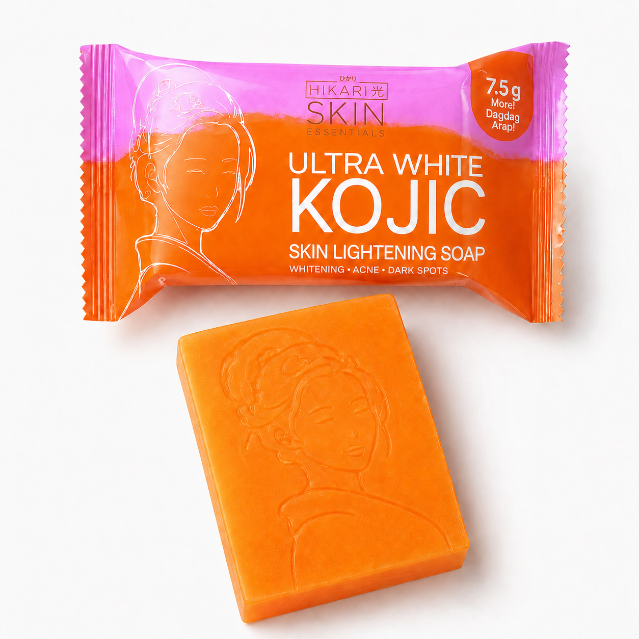 Orange Kojic skin lightening soap with packaging on a white background