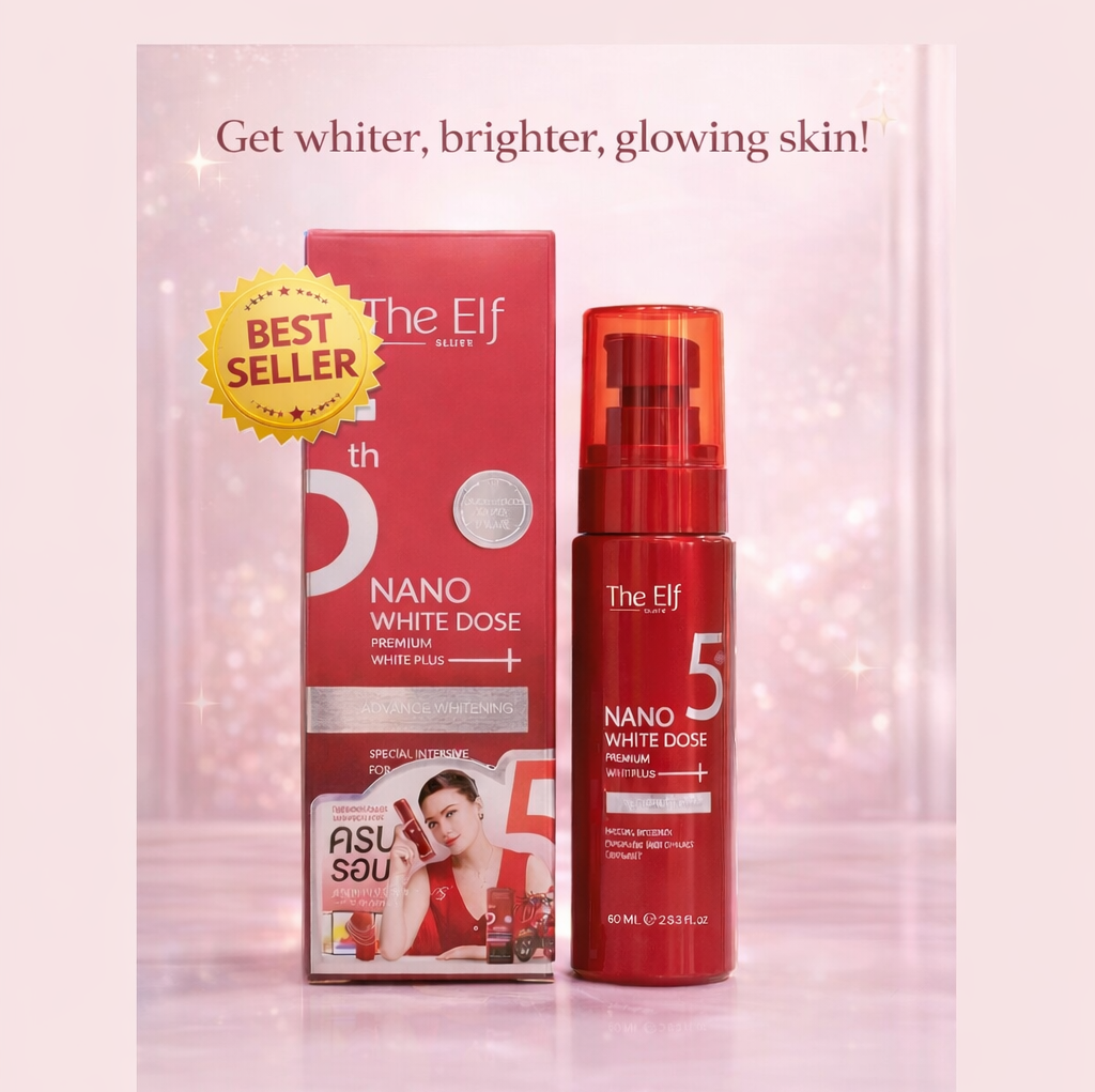 Red skincare product and packaging with 'The Elf' branding on a pink background
