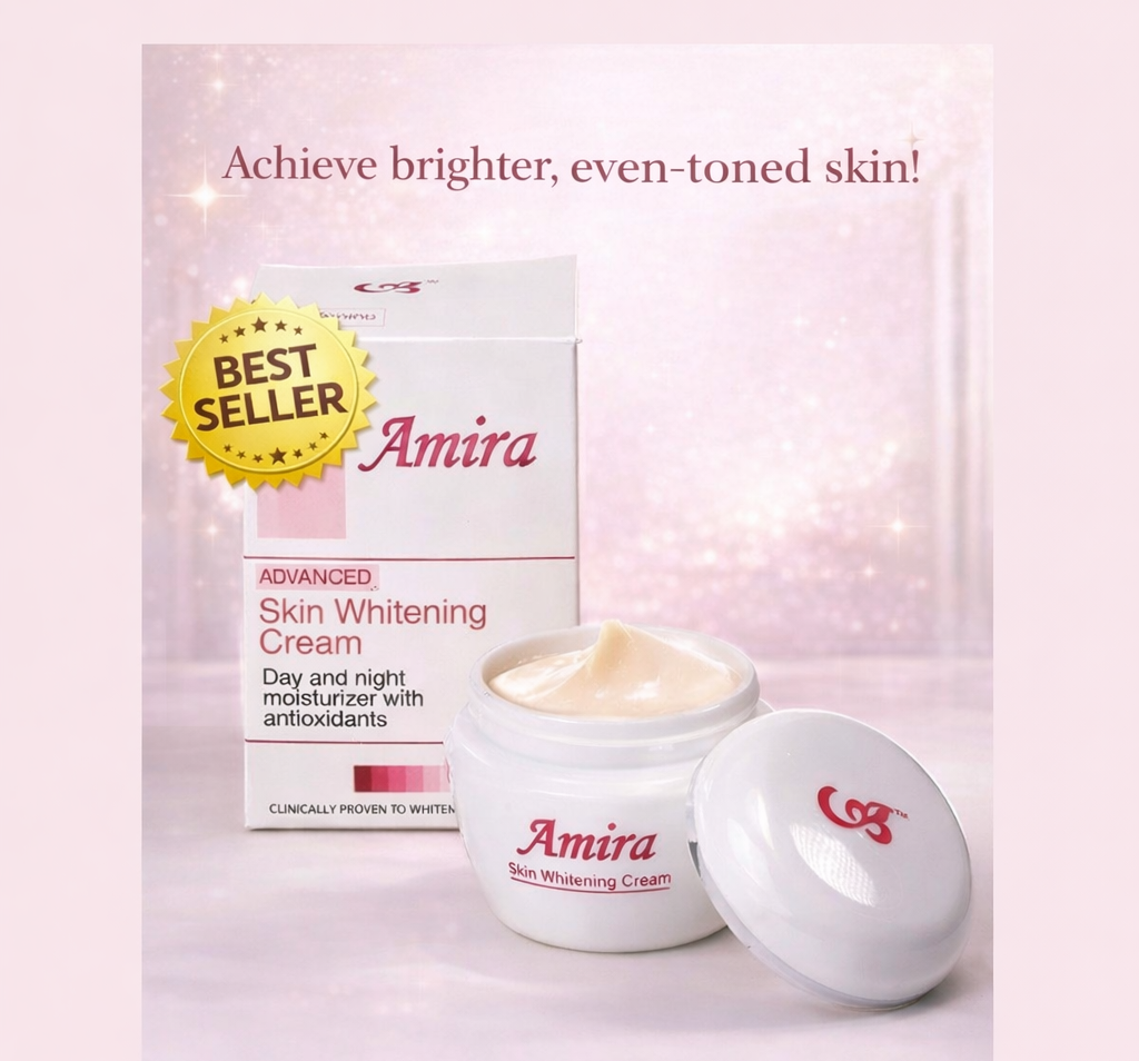 Amira Advanced Skin Whitening Cream packaging and jar on a light pink background