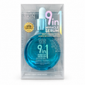 Blue serum bottle with packaging labeled '9 in 1 Miracle Serum' by Hikari Skin Essentials on a white background.