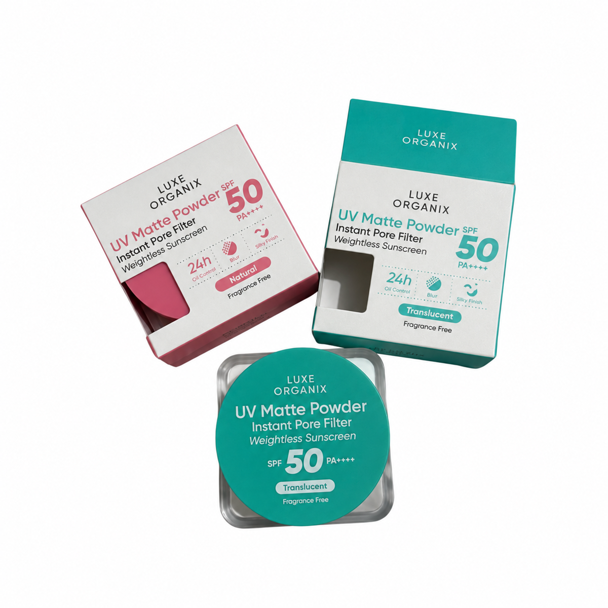 Luxe Organix UV Matte Powder sunscreen compacts and boxes