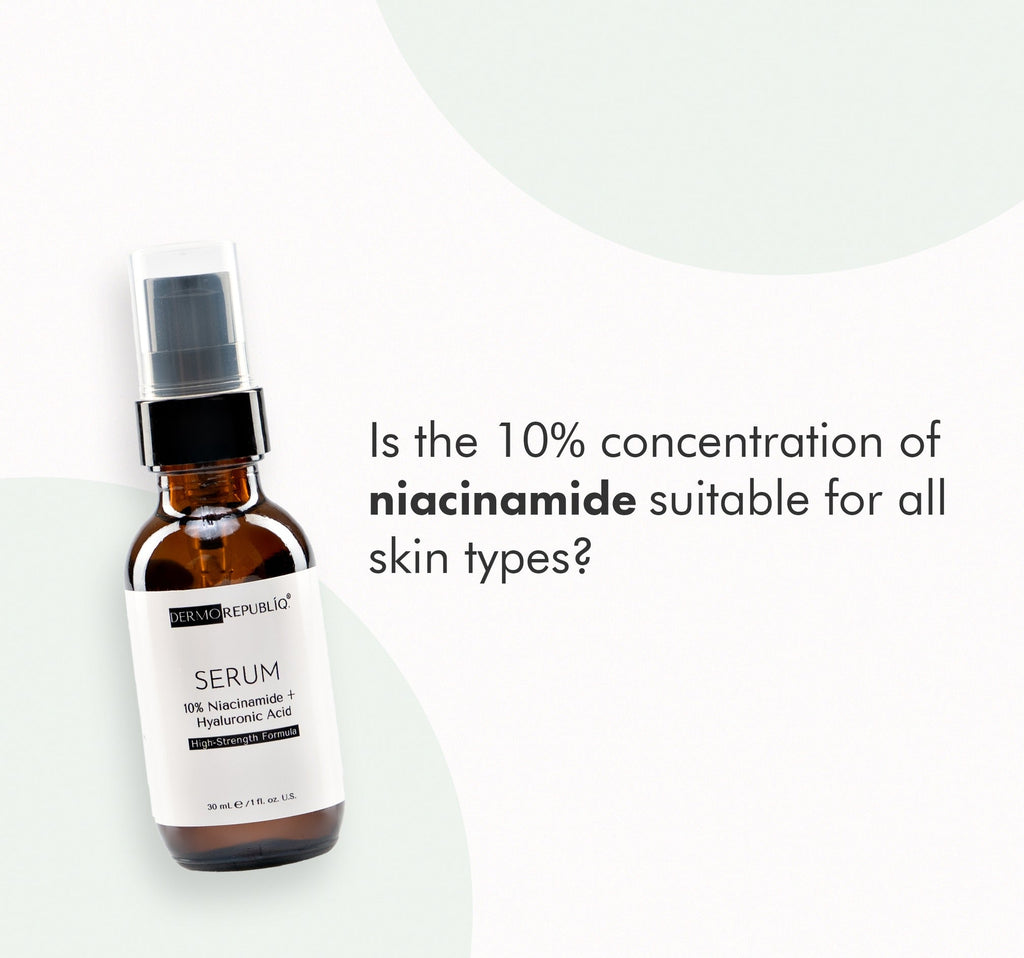 Dermorepubliq serum bottle with text about niacinamide concentration on a white background for hyperpigmentaion dark spots 10% Niacinamide