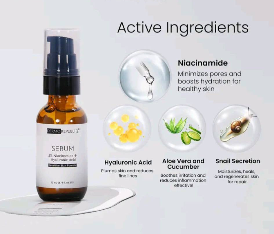 Dermorepubliq Serum bottle 5% Niacinamide for sensitive skin formula with active ingredients labeled on a light gray background