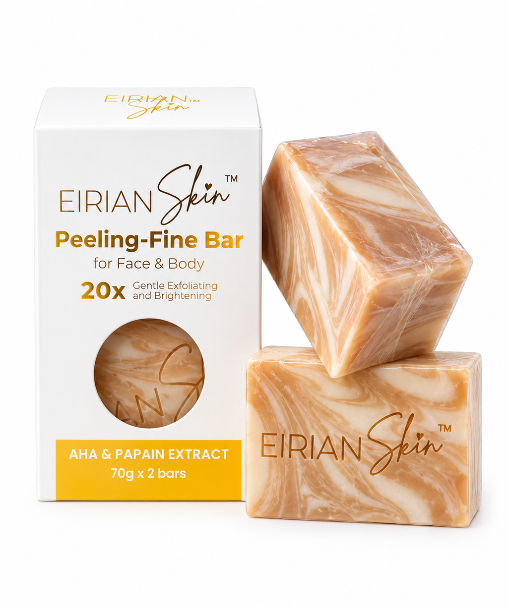 Two marbled peeling fine bars of Eirian Skin soap displayed next to their white and yellow packaging box on a clean white background.