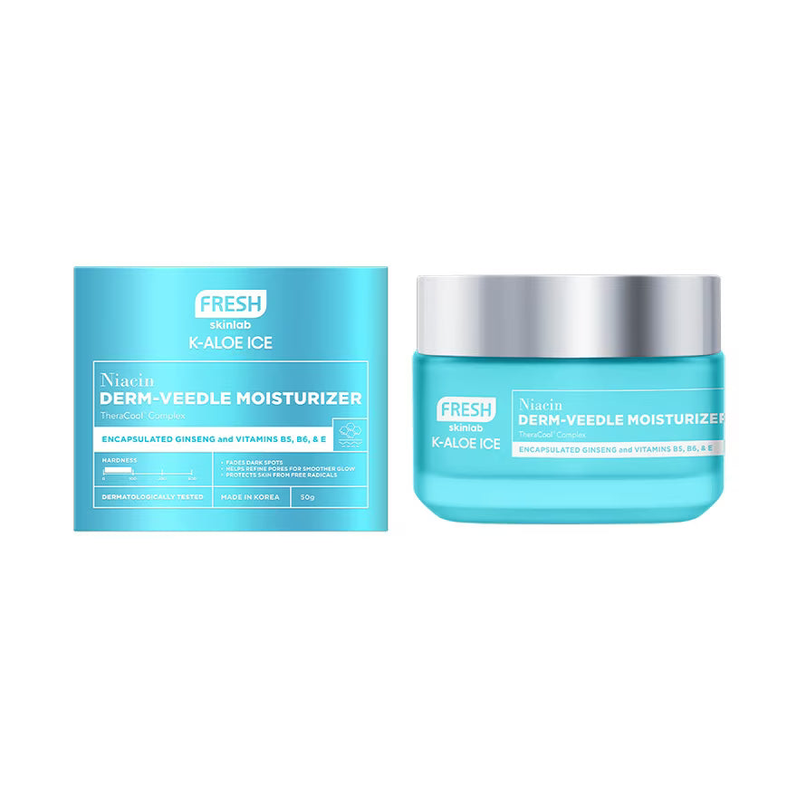 Blue skincare moisturizer jar with packaging on a white background