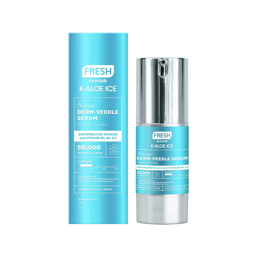 Fresh skincare serum with blue packaging and silver cap on a white background