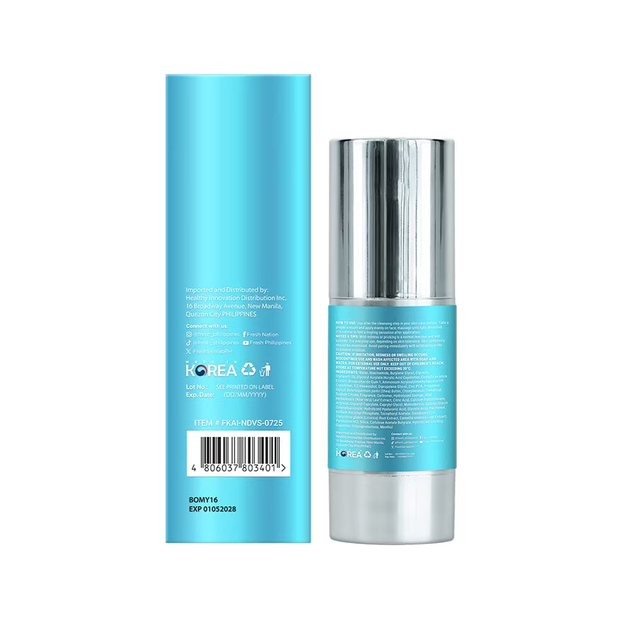 Skincare bottle and packaging with blue and silver design on a white background