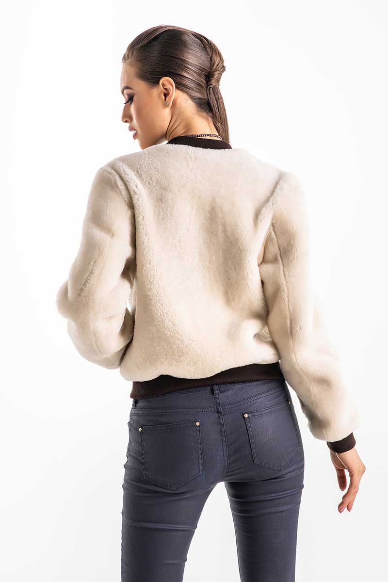 Beige Natural Sheepskin Mouton Fur Jacket