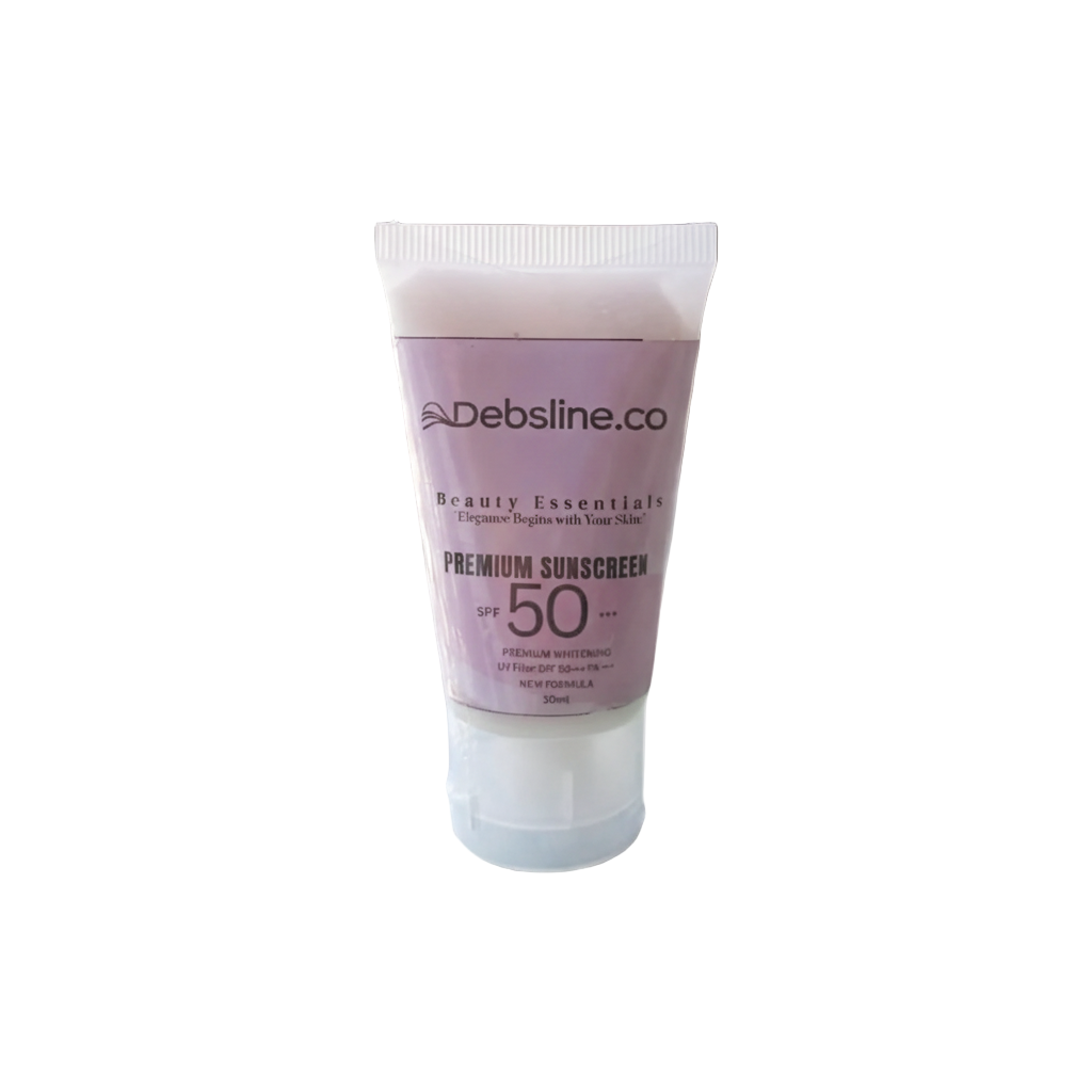 Tube of Debsline.co sunscreen on a light surface with a neutral background