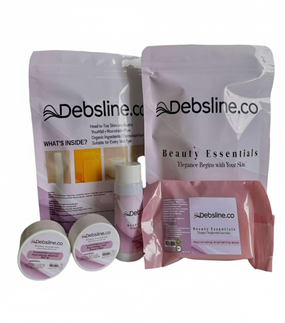 Debsline.co beauty products including bags and containers on a white background