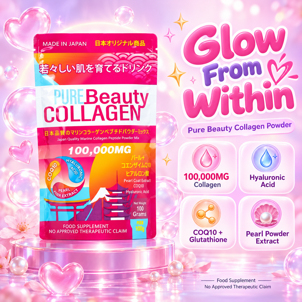 Pure Beauty Collagen Marine Fish Collagen Peptide Powder 100g – Made in Japan with Hyaluronic Acid, CoQ10 & Glutathione