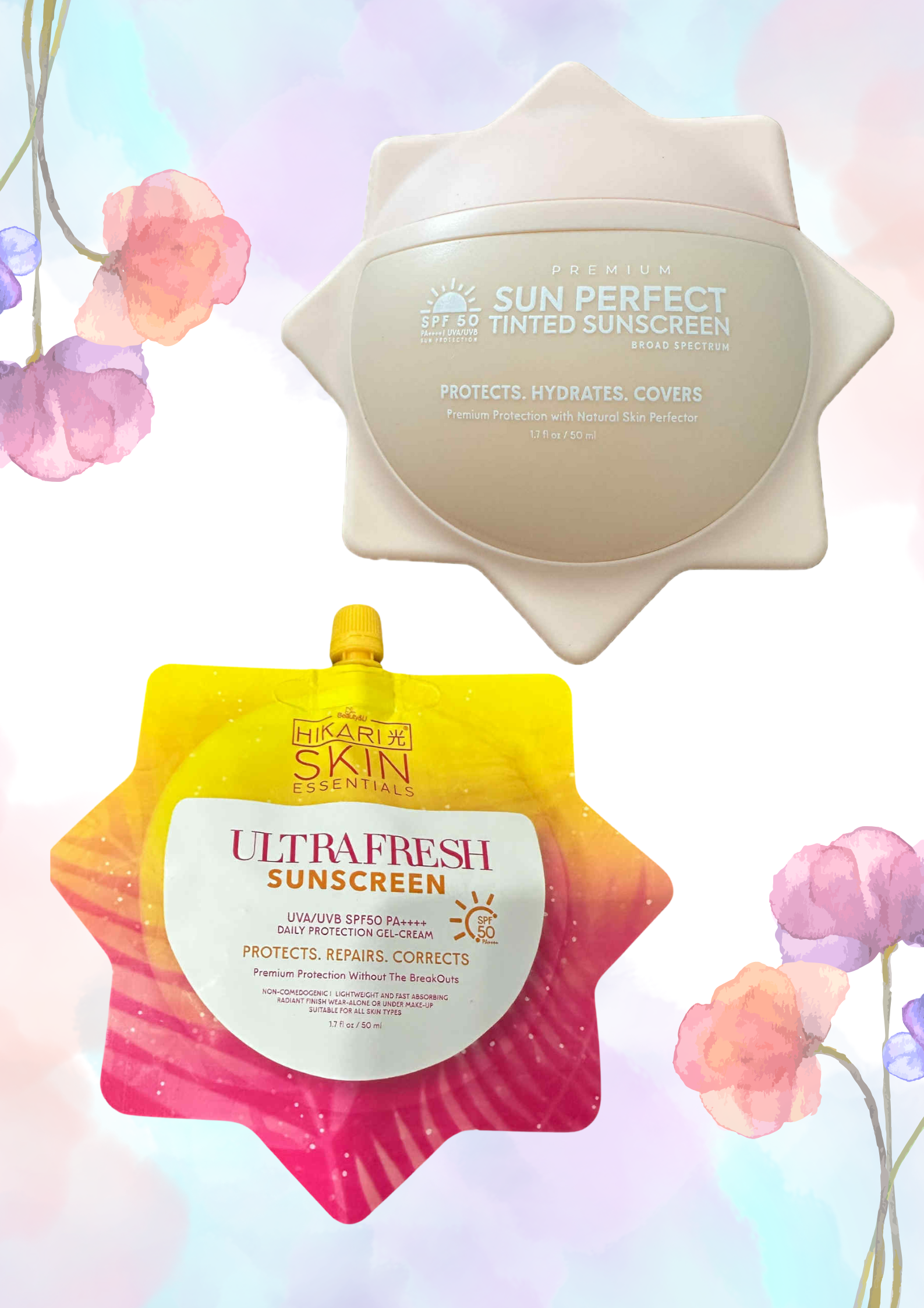 whitening sunscreen non-comedogenic SPF50 for acne prone skin Two sunscreen products with colorful packaging on a floral background